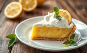 Fatia de Torta de Limão com base crocante, recheio cremoso amarelo e merengue dourado, decorada com raspas de limão e folhas verdes