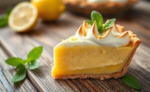 Fatia de Torta de Limão com recheio amarelo cremoso, merengue dourado e base crocante de biscoito, decorada com raspas de limão