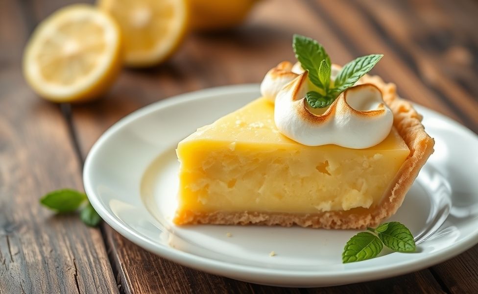 Fatia de Torta de Limão com recheio amarelo cremoso, merengue dourado e base crocante de biscoito, decorada com raspas de limão