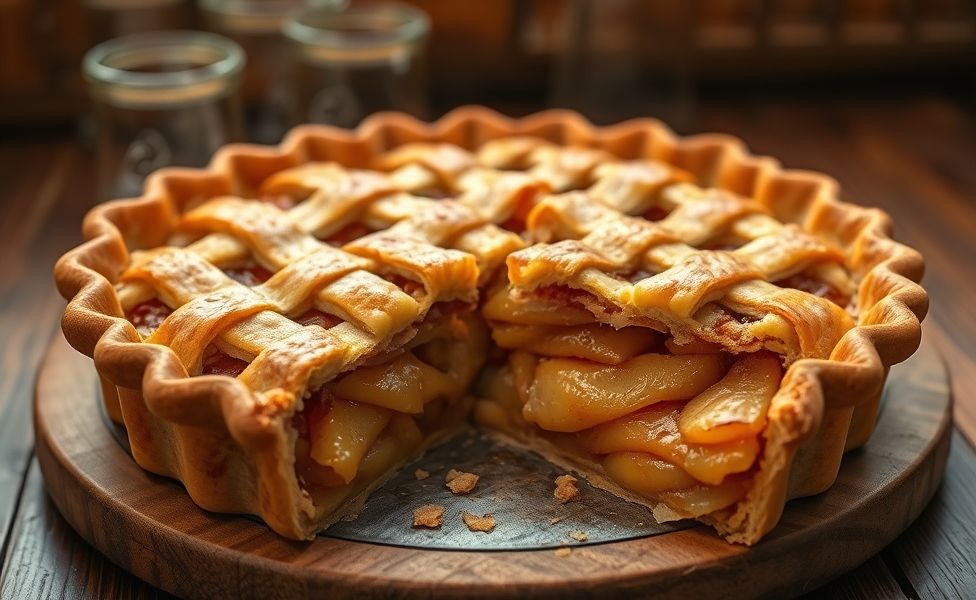 Torta de Maçã dourada com crosta em treliça, recheio de maçãs caramelizadas com canela, fatia servida em prato rústico