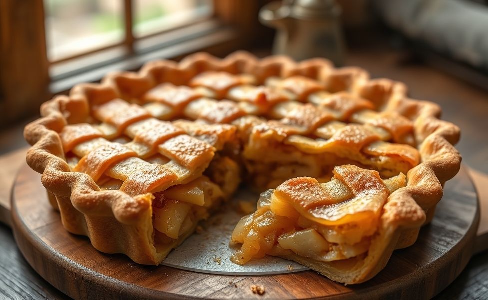 Torta de Maçã dourada com trama trançada, recheio de maçãs caramelizadas com canela, sobre tábua de madeira rústica