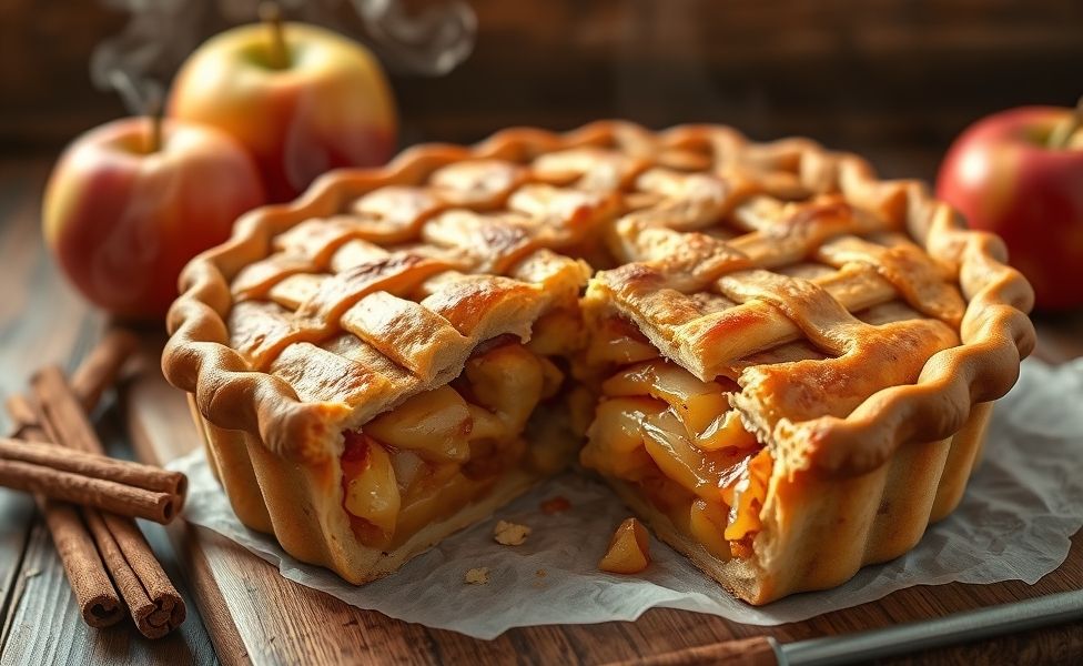 Torta de Maçã dourada com crosta trançada, recheio de maçãs caramelizadas e canela, servida em fatia sobre prato branco
