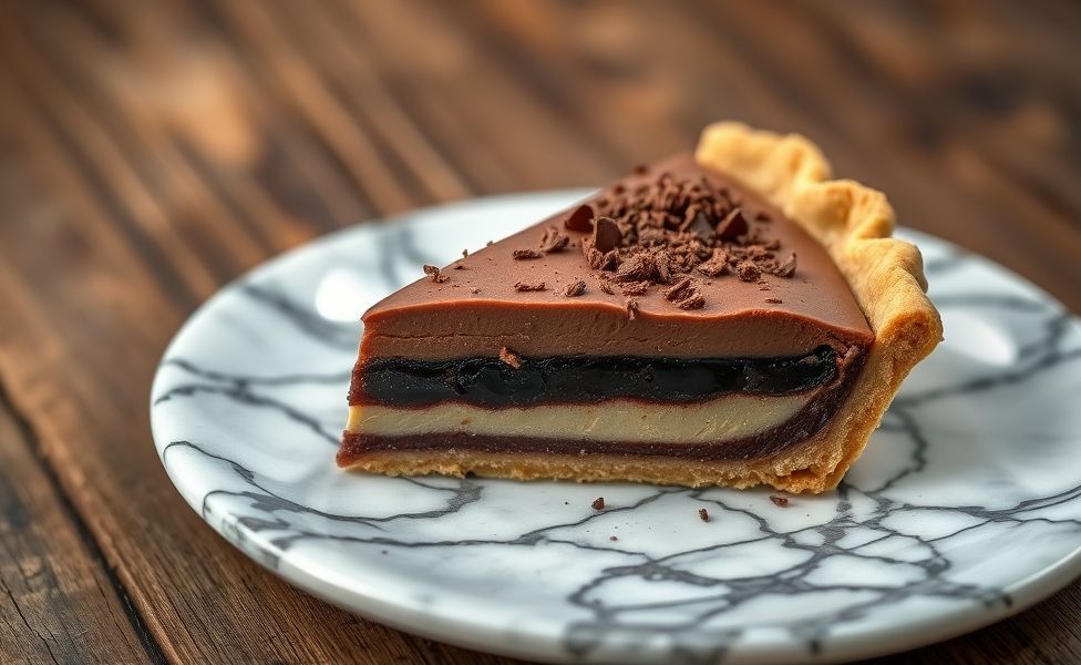 Fatia de Torta Holandesa mostrando camadas de chocolate, creme e base crocante, decorada com raspas de chocolate em prato de mármore