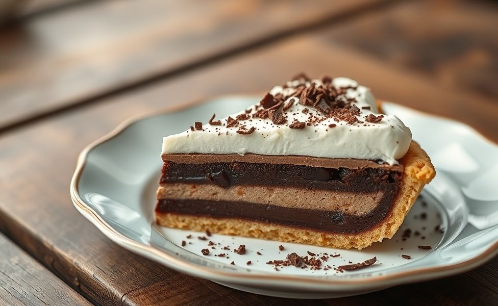Fatia de Torta Holandesa mostrando camadas de biscoito, chocolate cremoso e chantilly, decorada com raspas de chocolate em prato branco