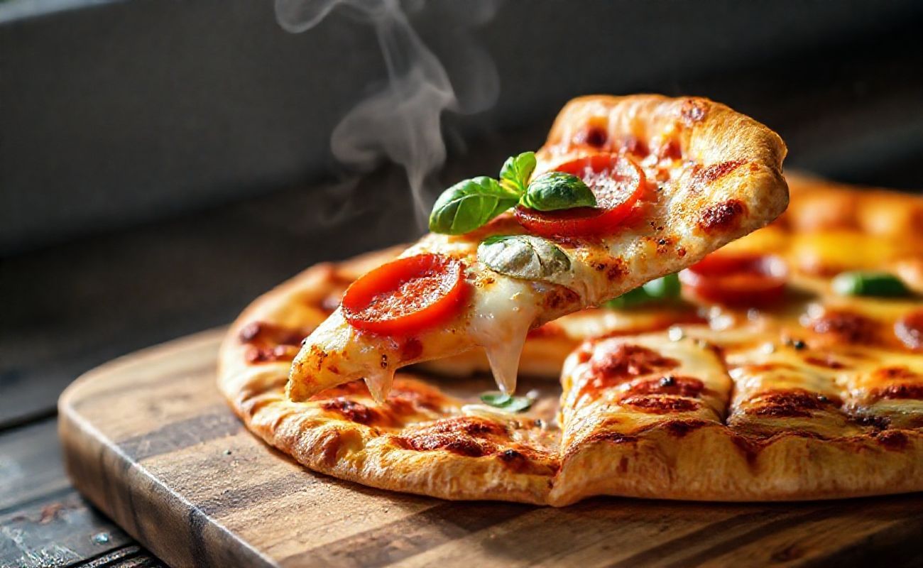 Tortilla Pizza Hack dourado e crocante com queijo derretido, pepperoni e manjericão fresco sobre tábua de madeira
