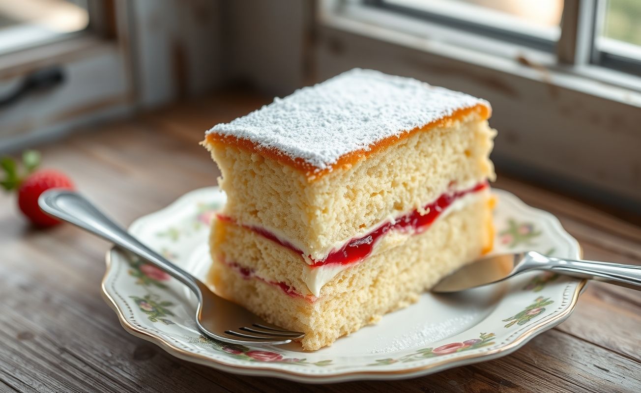 Fatia de Victoria Sponge Cake mostrando camadas alternadas de bolo amarelo claro, geleia vermelha e creme branco, polvilhado com açúcar