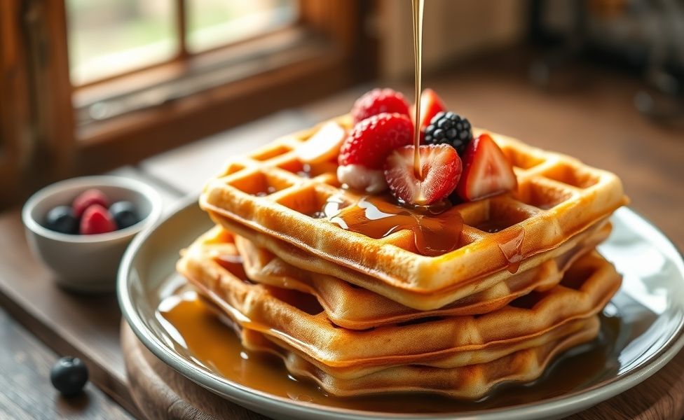 Waffles dourados e crocantes servidos com maple syrup e frutas vermelhas frescas em prato branco