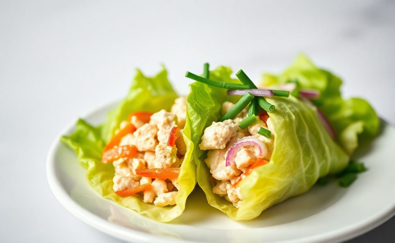 Wrap de Alface Low Carb com recheio cremoso de frango, cenoura ralada e cebola roxa, servido em folha de alface americana crocante