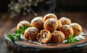Almôndegas com farinha de trigo douradas e apetitosas em prato rústico, mostrando textura suculenta interna e crosta crocante externa