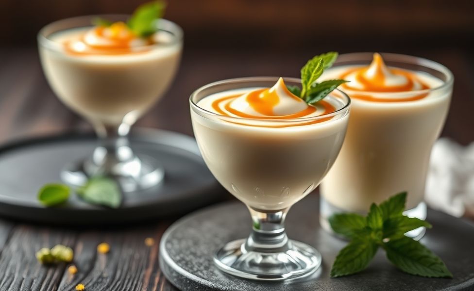 Sobremesa cremosa feita com amarula original ingredientes, servida em taça cristal com decoração de raspas de limão e textura sedosa
