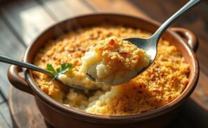 Arroz Biro Biro ingredientes preparados em assadeira com crosta dourada de farinha de rosca e queijo derretido, decorado com salsinha fresca