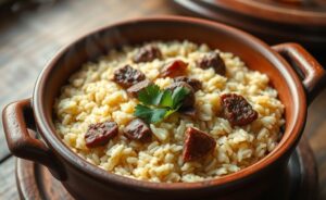 Prato de arroz carreteiro ingredientes tradicionais com carne seca suculenta, grãos cremosos e coloração dourada, servido em panela de barro