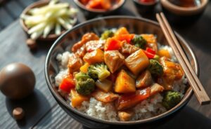 Arroz chop suey ingredientes preparado com frango e legumes coloridos em molho brilhante, servido em tigela cerâmica com hashis ao lado