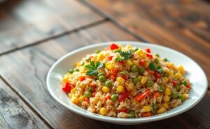 Arroz colorido ingredientes servido em prato branco com legumes variados incluindo pimentões vermelho e amarelo, ervilhas, milho e cenoura ralada