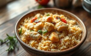 Prato de arroz com galinha ingredientes cremoso com pedaços dourados de frango, arroz soltinho e temperos frescos em bowl de cerâmica rústica