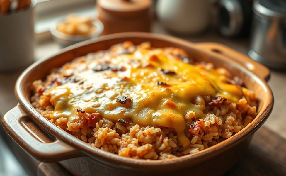 Arroz de forno ingredientes recém-saído do forno com queijo derretido dourado e camadas visíveis de arroz cremoso e recheio de carne
