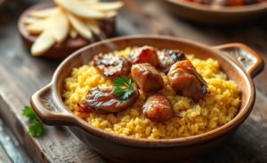 Arroz de pato ingredientes transformados em prato tradicional português com arroz cremoso e pedaços de pato dourados, decorado com salsa fresca