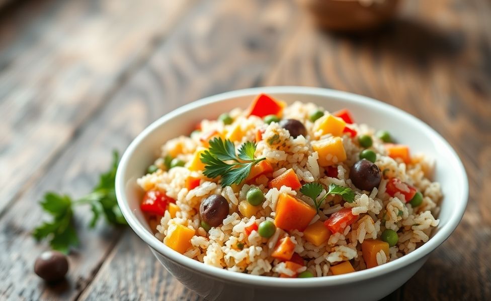 Arroz à grega ingredientes servido em tigela branca com legumes coloridos incluindo pimentões vermelhos, ervilhas verdes e azeitonas