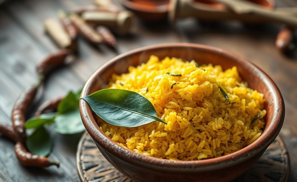 Arroz paraense ingredientes tradicional servido em tigela de barro, com arroz amarelo vibrante do tucupi e folhas verdes de jambu visíveis