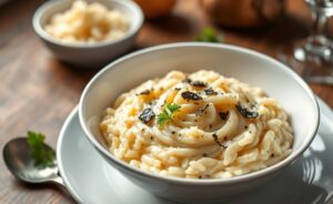 Arroz à piamontese ingredientes - prato cremoso com queijos derretidos, trufas negras e salsinha fresca em apresentação gourmet