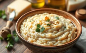 Arroz Piamontese ingredientes resultando em prato cremoso com trufas e queijos, servido em bowl rústico com salsinha fresca