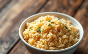 Arroz Pilaf Outback ingredientes - grãos dourados e soltos com salsinha fresca, servido em bowl branco sobre mesa rústica