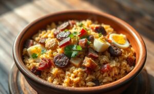 Arroz tropeiro ingredientes tradicionais servido em tigela de barro com carne seca, linguiça, bacon e ovos cozidos