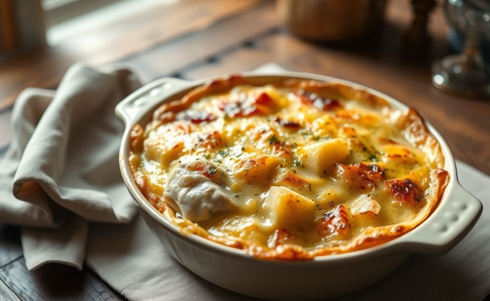 Bacalhau com natas ingredientes tradicional servido em travessa cerâmica com crosta dourada de queijo e molho cremoso entre flocos de peixe e batatas