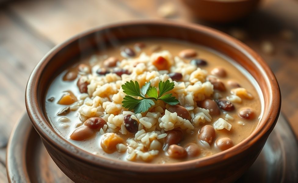 Baião de 2 ingredientes cremoso servido em tigela de barro, mostrando textura perfeita do arroz com feijão cozidos juntos, decorado com salsa fresca