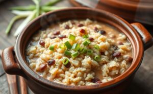 Baião de dois ingredientes servido em panela de barro com arroz e feijão cremoso, decorado com cheiro verde fresco