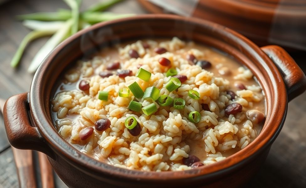 Baião de dois ingredientes servido em panela de barro com arroz e feijão cremoso, decorado com cheiro verde fresco