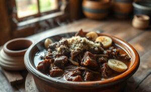 Prato tradicional barreado ingredientes paranaense com carne desfiada em molho escuro, servido em panela de barro com farinha de mandioca