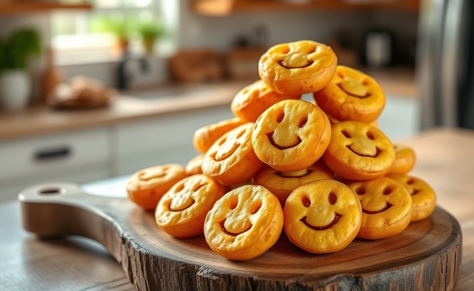 Batata smile mccain ingredientes douradas e crocantes servidas em tigela rústica, mostrando formato divertido e textura perfeita do forno