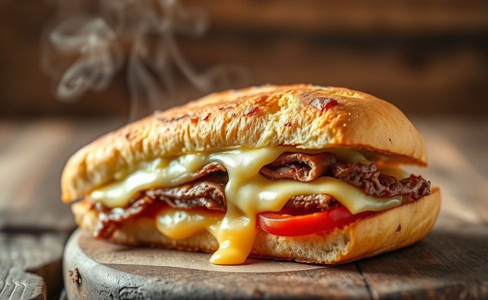 Sanduíche Bauru tradicional cortado ao meio mostrando camadas de queijo derretido, rosbife, tomate e cebola entre pão francês crocante com bauru ingredientes frescos