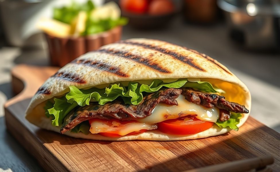 Beirute ingredientes cortado ao meio mostrando camadas de carne suculenta, queijo derretido e vegetais frescos no pão sírio dourado