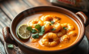 Bobó de camarão ingredientes em panela de barro com molho cremoso laranja, camarões visíveis e decorado com coentro fresco