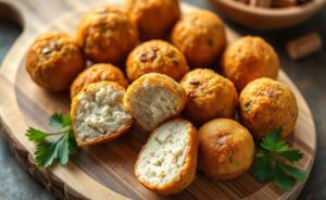 Bolinho proteico de frango no forno dourado e crocante, servido em tabua de madeira com alguns cortados ao meio mostrando o interior suculento