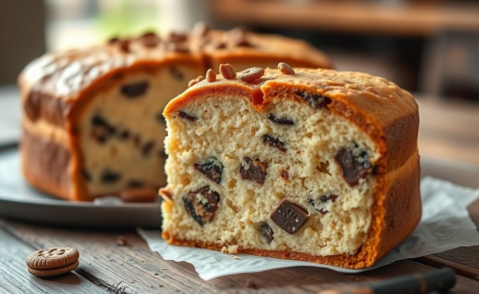 Fatia generosa de bolo de guloseimas mostrando camadas cremosas com pedaços de biscoito e chocolate, textura convidativa em fundo rústico