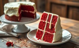 Bolo red velvet receita cortado mostrando camadas vermelhas intensas com cobertura branca de cream cheese em prato decorativo