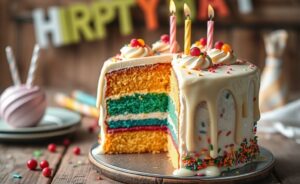 Bolos de aniversário criativos com camadas coloridas visíveis, cobertura brilhante de chocolate branco e decoração vibrante com confeitos e frutas cristalizadas