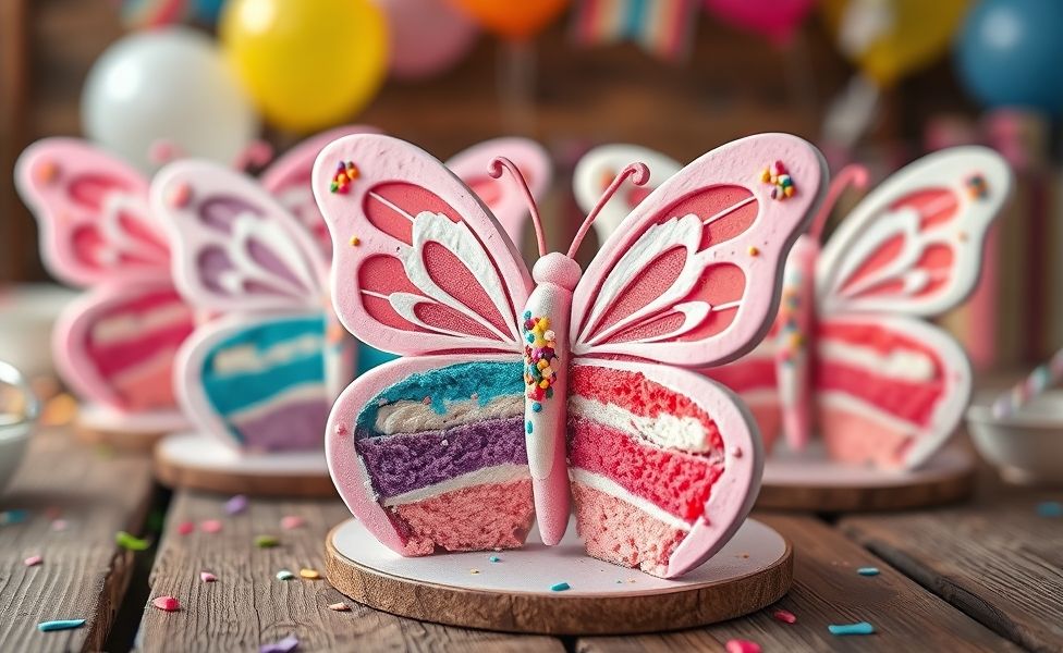 Bolos de aniversário de borboleta coloridos com camadas rosa, azul e roxa, decorados com chantilly e confeitos em formato de asas vibrantes