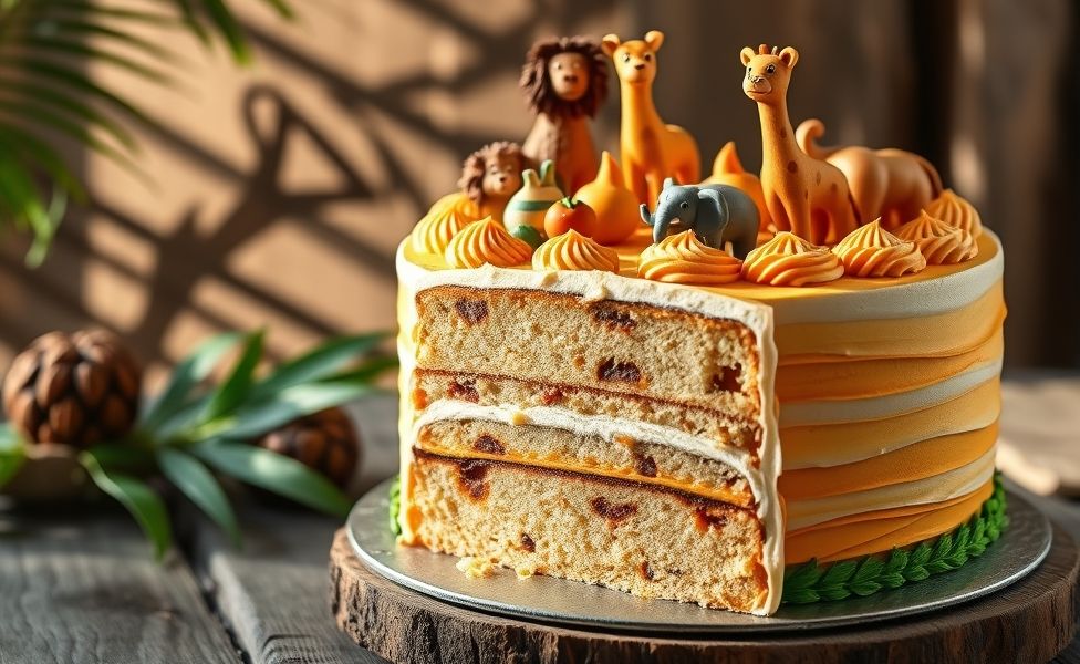 Bolo de aniversário safari decorado com animais de fondant incluindo leão, girafa e zebra sobre cobertura cremosa em tons terrosos