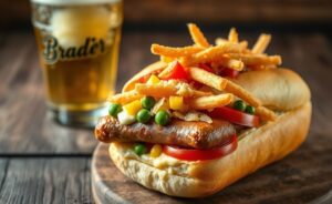 Cachorro quente completo ingredientes mostrando camadas de salsicha, molhos cremosos, milho, ervilha, tomate fresco e batata palha crocante em pão macio