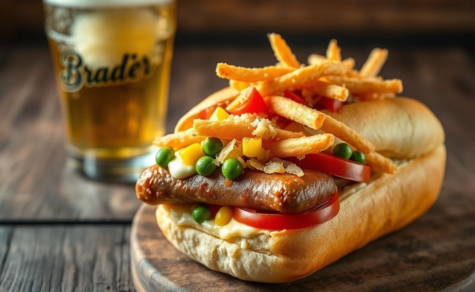 Cachorro quente completo ingredientes mostrando camadas de salsicha, molhos cremosos, milho, ervilha, tomate fresco e batata palha crocante em pão macio