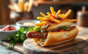 Cachorro quente completo com todos os ingredientes para fazer cachorro quente perfeito: molhos cremosos, vegetais frescos e batata palha crocante