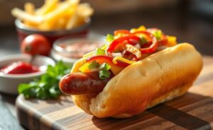 Cachorro quente ingredientes montados artisticamente com pão tostado, salsicha suculenta, molhos coloridos e acompanhamentos frescos sobre tábua de madeira