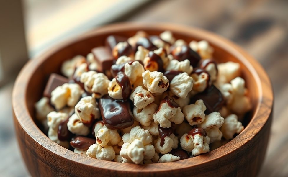 Pipoca coberta com calda de chocolate para pipoca com água, mostrando textura brilhante e crocante em bowl rústico