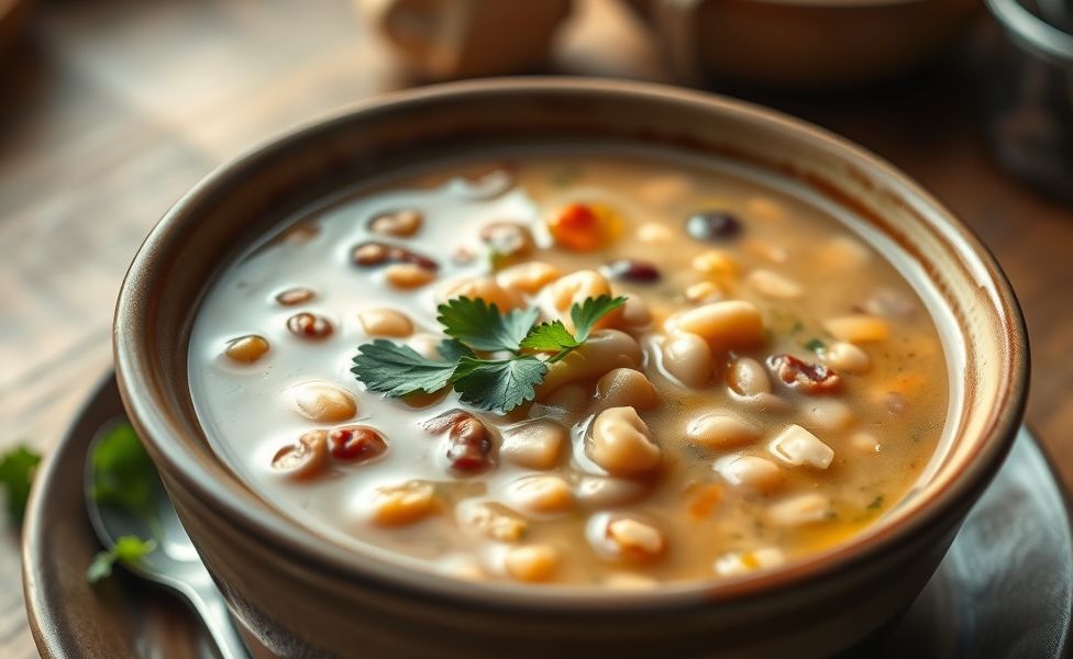 Tigela de caldo de feijão ingredientes cremoso com grãos inteiros visíveis, temperos frescos e textura convidativa em fundo rústico