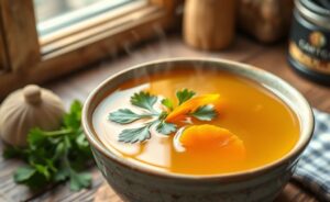 Caldo de frango ingredientes caseiro dourado e límpido em tigela de cerâmica, com cenoura e salsinha fresca