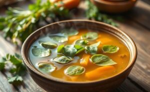 Tigela de caldo de kenga ingredientes com folhas verdes visíveis em líquido dourado, vapor saindo e pedaços de cenoura